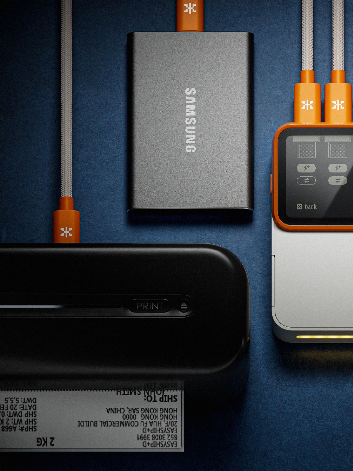 A Lapis One connected to an external SSD and a label printer.