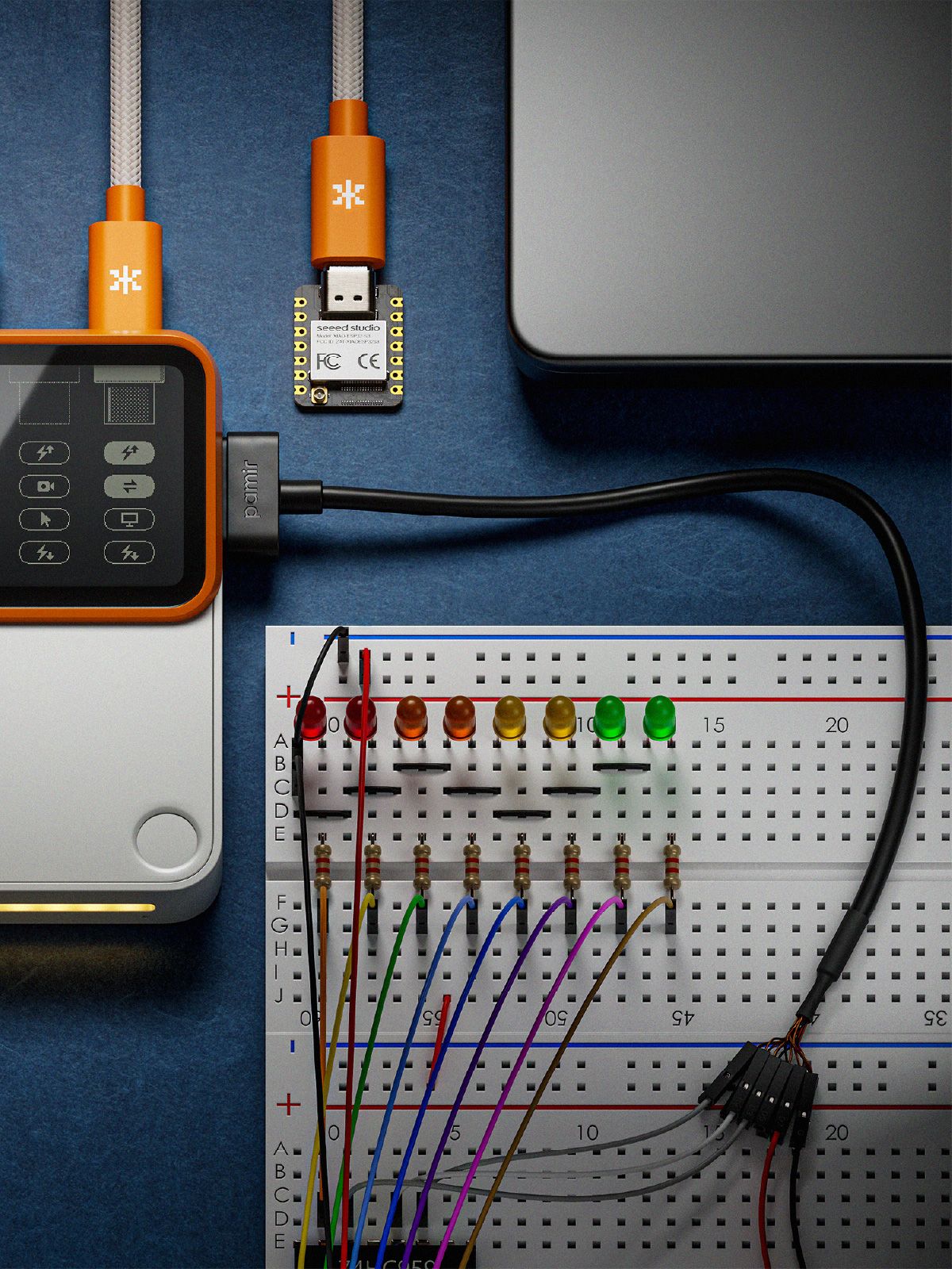 A Lapis One connected to an ESP32 board and a breadboard.