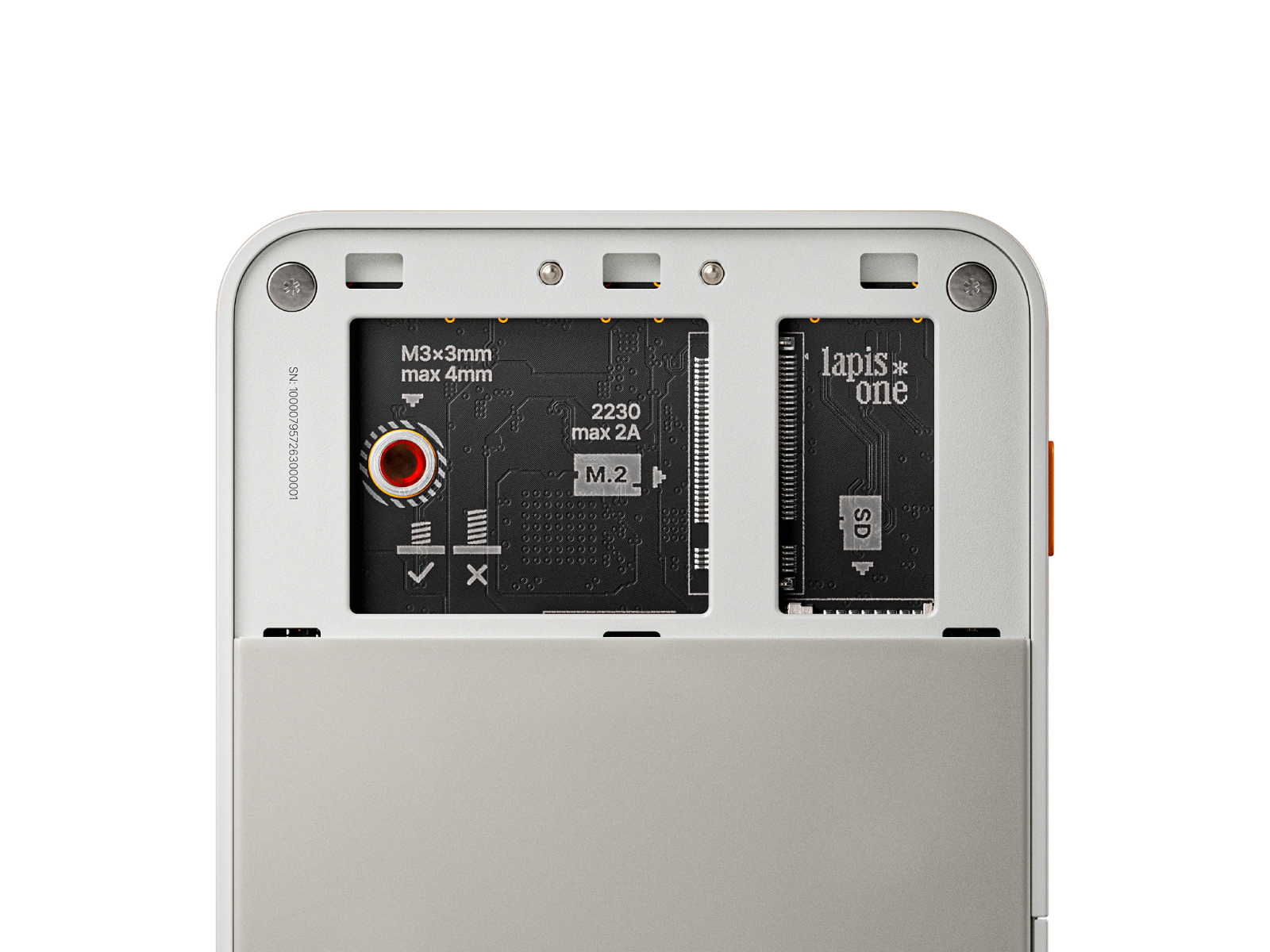 Bottom of the white Lapis One with the storage cover removed, revealing the 2230 M.2 and microSD card slots.